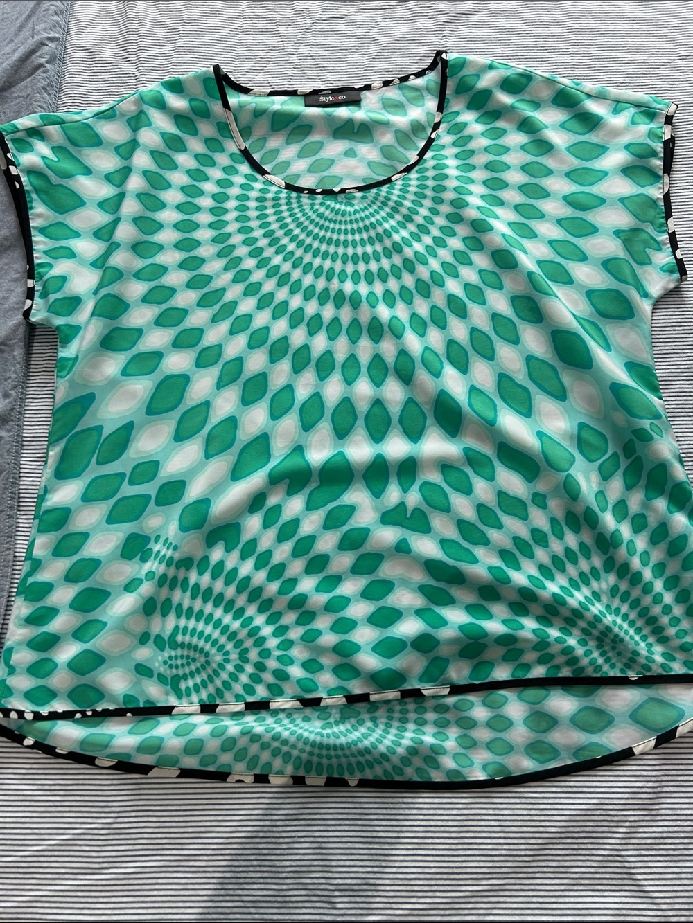 Style & Co. Teal Swirl Print Scoop Neck Blouse with Black Trim